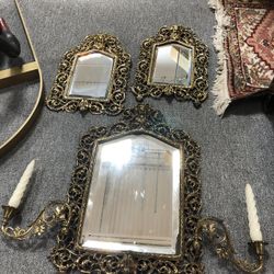 Vintage Set Of 3 Bronze Mirrors With Candle Holders 
