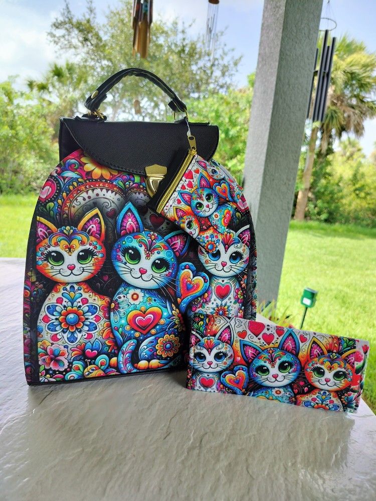 Cats Colorful Purse Bag/Backpack, Wallet And Coins Purse 