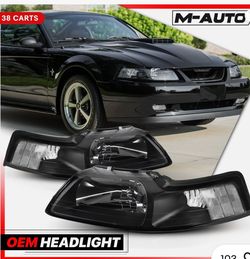 Pair LH+RH Replacement Black Housing Clear Headlight Lamp for 99-04 Ford Mustang