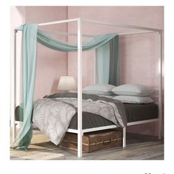 Zinus Patricia White Metal Framed Canopy Four Poster Platform Bed Frame/Strong Steel Mattress Support/No Box Spring Needed, Queen
