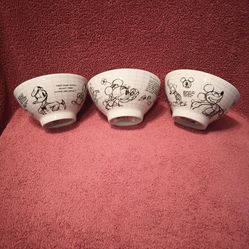 Soup Bowls Mickey & Minnie Mouse, Donald Duck Disney Sketch Sketchbook Ceramic 16oz 3 Pcs