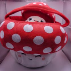 Kawaii Mushroom Plush Basket Bucket 9"x10" With Mini Mushroom Plush 7"