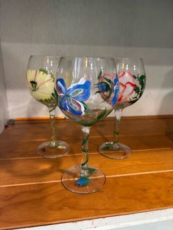 Hand-Painted Floral Wine Glasses Set of 3