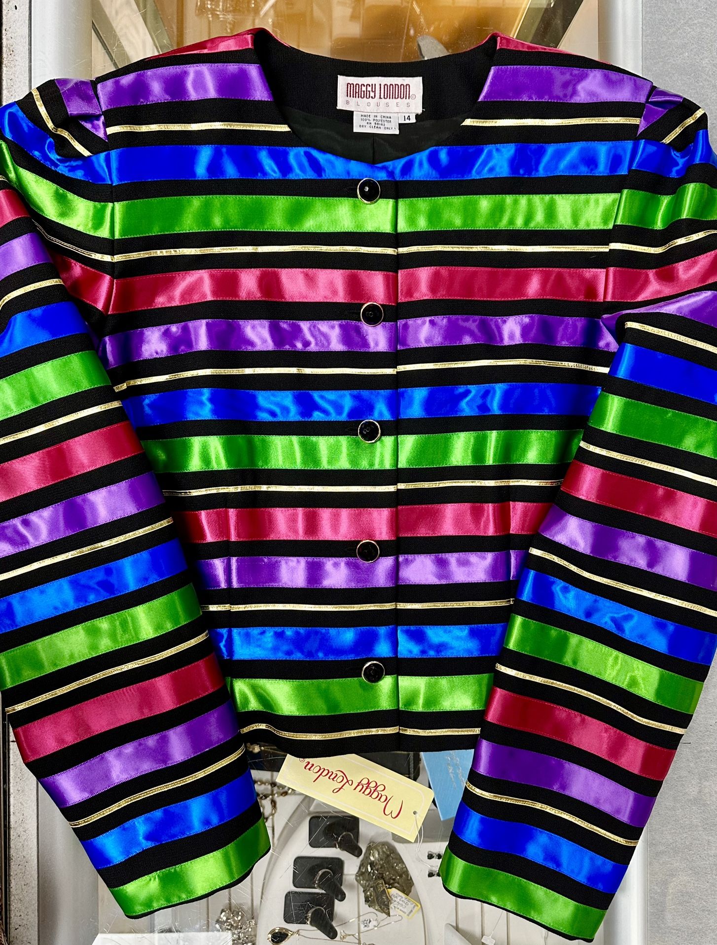 Vintage Maggy London Colorful Shiny Rainbow Striped Polyester Blazer Jacket 14