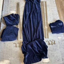 Navy Blue Velvet Curtains with Silver Curtain Rod and Hardware