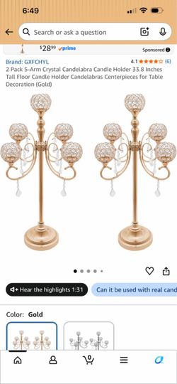 Gold 5-Arm Crystal Candelabra Candle Holders – Set of 2