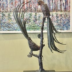 Vintage Pewter Metal Parrots Large Statue - Parrots 31” Tall 
