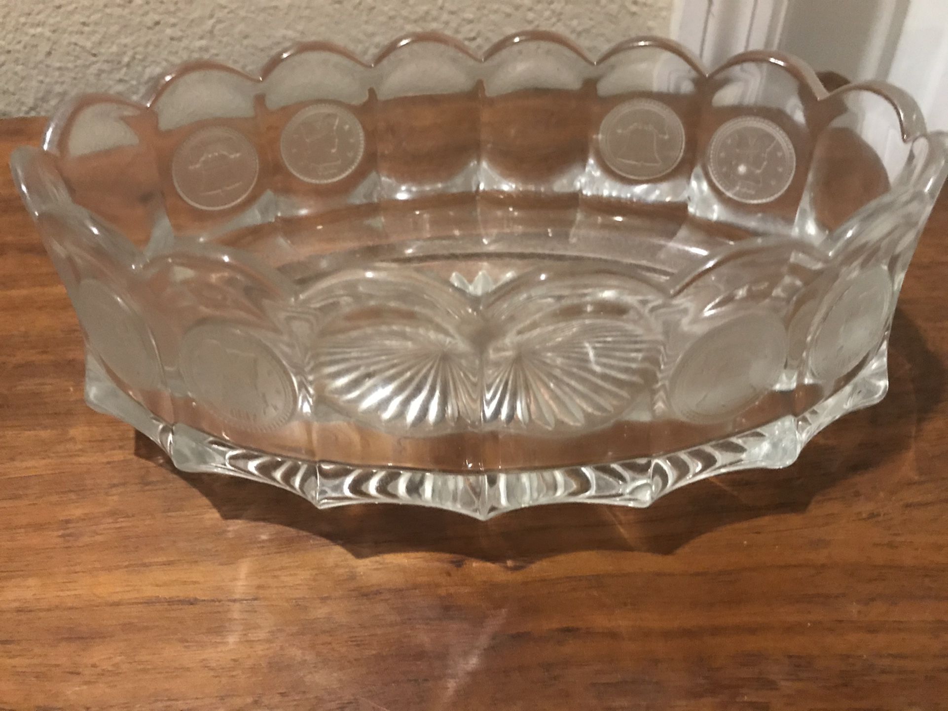 Fostoria Clear Coin Glass Liberty Bell Soldier Head Oval Bowl