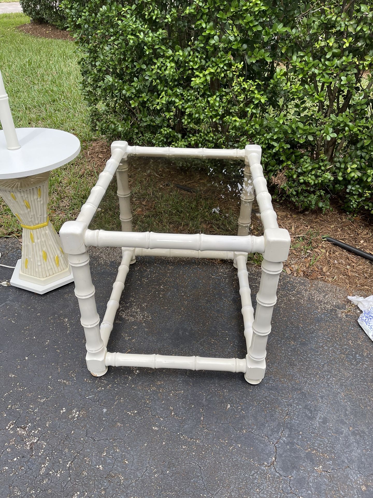 Hollywood Regency Vintage White Bamboo Table With Glass