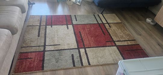 Geometric Area Rug in Red, Tan, and Grey