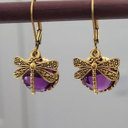 Vintage Gold dragonfly purple stone women's drop dangle earrings Gift