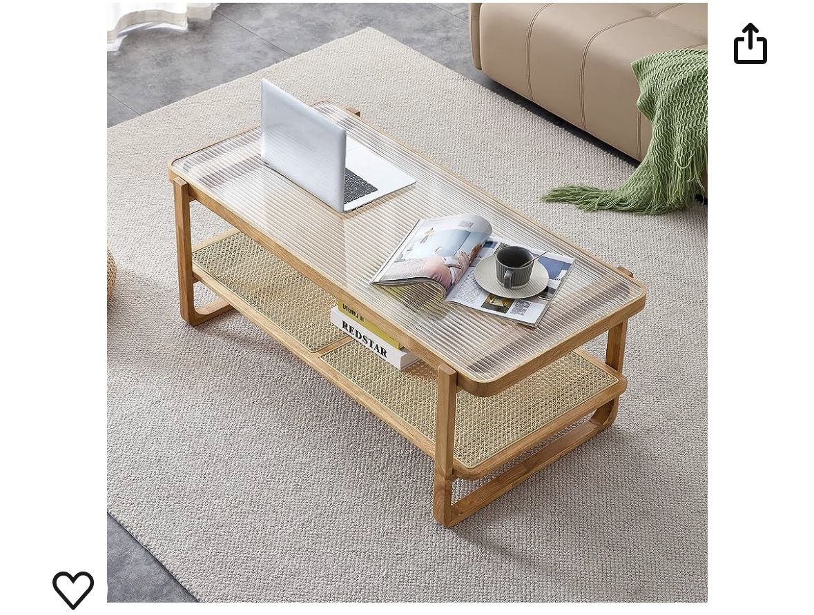 Rattan Coffee Table with Tempered Glass Top,Wood Coffee Table for Living Room,Glass Top Coffee Table with Imitation Rattan Storage Shelf, Rectangle Co