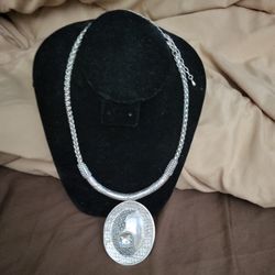 Vintage 1990's Large Bold Chunky Pendant Necklace Silver Tone Chain Oval Pendant With Square  Faux Clear Rhinestone  Unique  Stamped 16x1