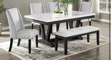WHITE FAUX MARBLE DINING TABLE WITH CHAIRS AND BENCH
