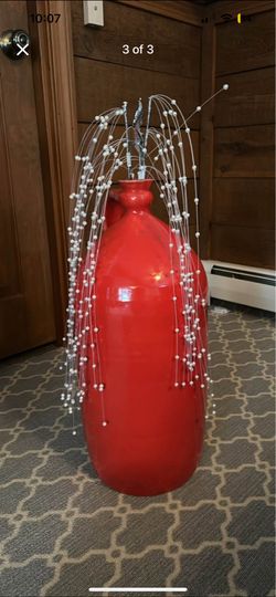 Large Red Ceramic Floor Vase with Pearl Branches