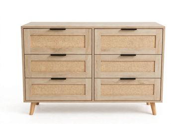 6-Drawer Wood and Rattan Dresser