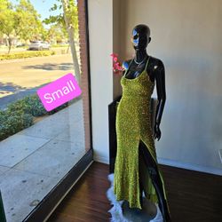 Georgeous Lime green Velvet iridescent sequined fitted dress with high slit/ SMALL, Perfect for PROM, BRIDESMAID, PARTY OR FORMAL EVENTS