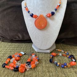 Orange Bead Choker Necklace W/ Two Different Matching Bracelets 
