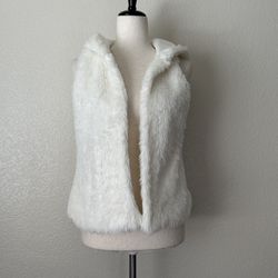 Rol White Faux Fur Sleeveless Open Front Hoodie Vest