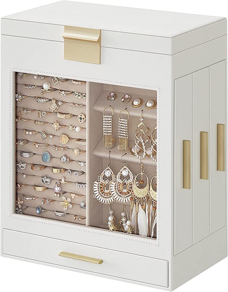 Jewelry Box with Glass Window, 5-Layer Jewelry Organizer with 3 Side Drawers, Jewelry Storage, with Vertical Storage Space, Big Mirror, Modern Style, 