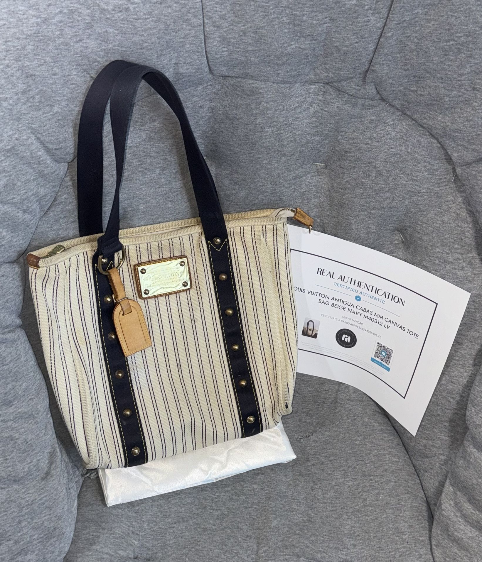Louis Vuitton Antigua Cabas MM Canvas Tote Bag Beige Navy M40312 Auth