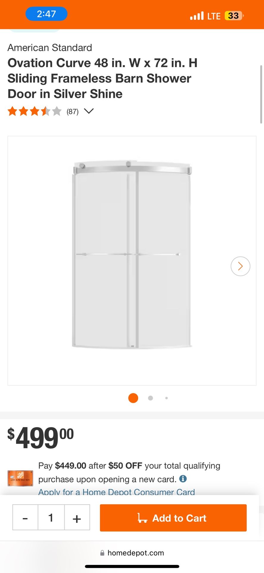 Ovation Curve 48 in. W x 72 in. H Sliding Frameless Barn Shower Door in Silver Shine