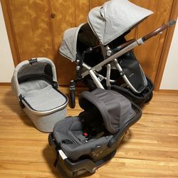 Uppababy Vista V2 Double Stroller with Bassinet and Car Seat Light Grey