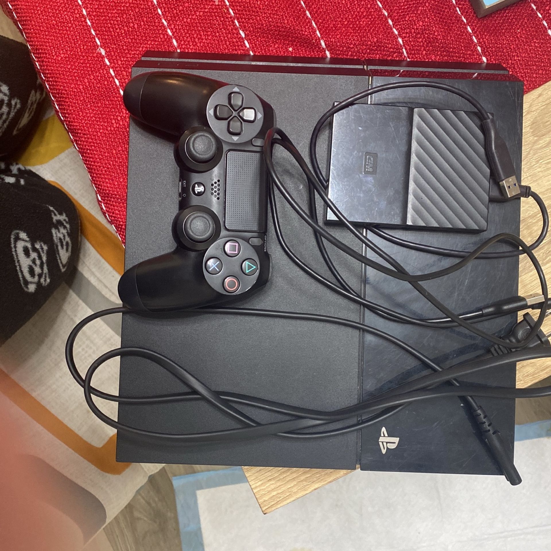 PS4, controller, ext storage, charger, power cable