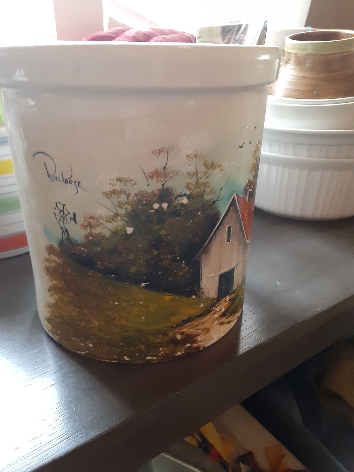 Roseville painted crock pottery with wooden lid