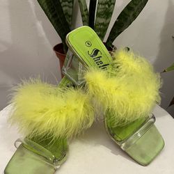 SHEIN Chartreuse Marabou Feather Heels 