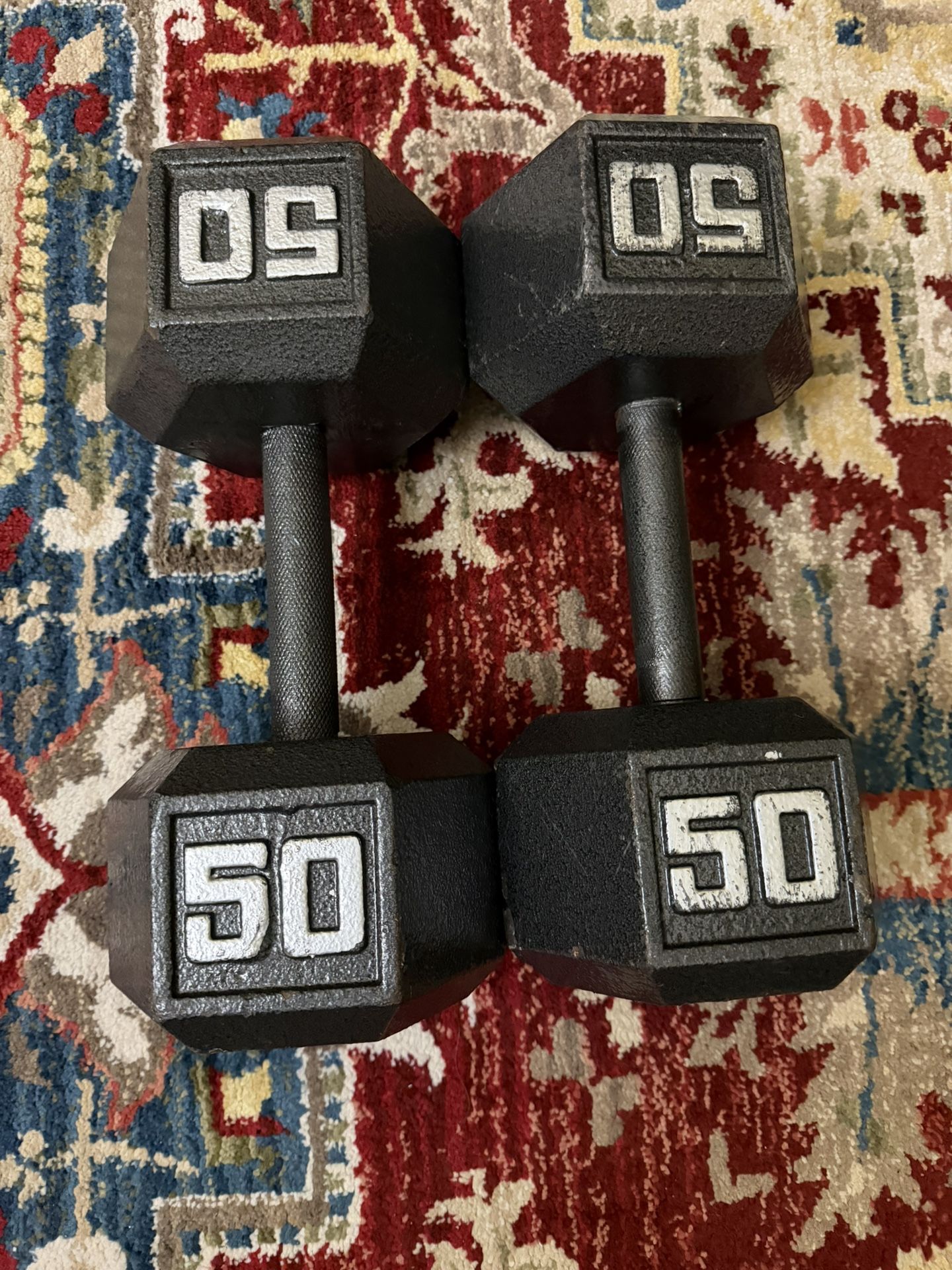 Cast-iron hex dumbbell pair