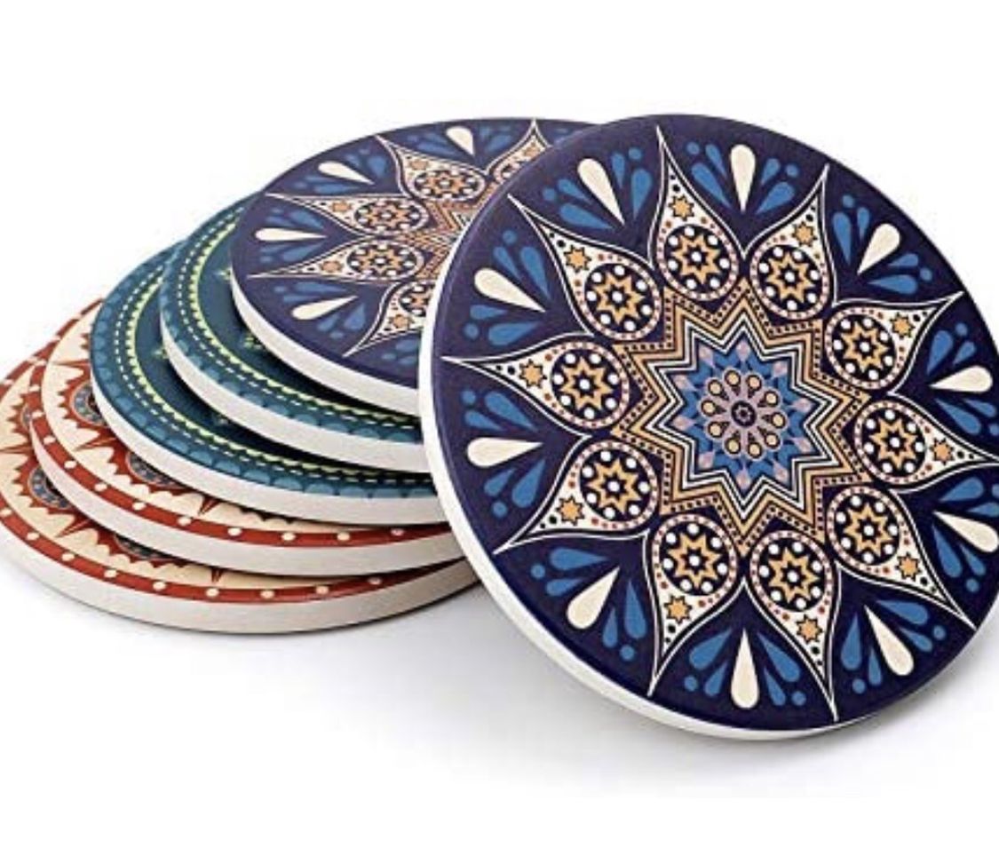 Drink Coasters with Thin Cork Bottom - Set of 6 Moisture Absorbing Stone Coasters - 4 inch Large Table Scratch or Stain Protection for Cup or Glasses