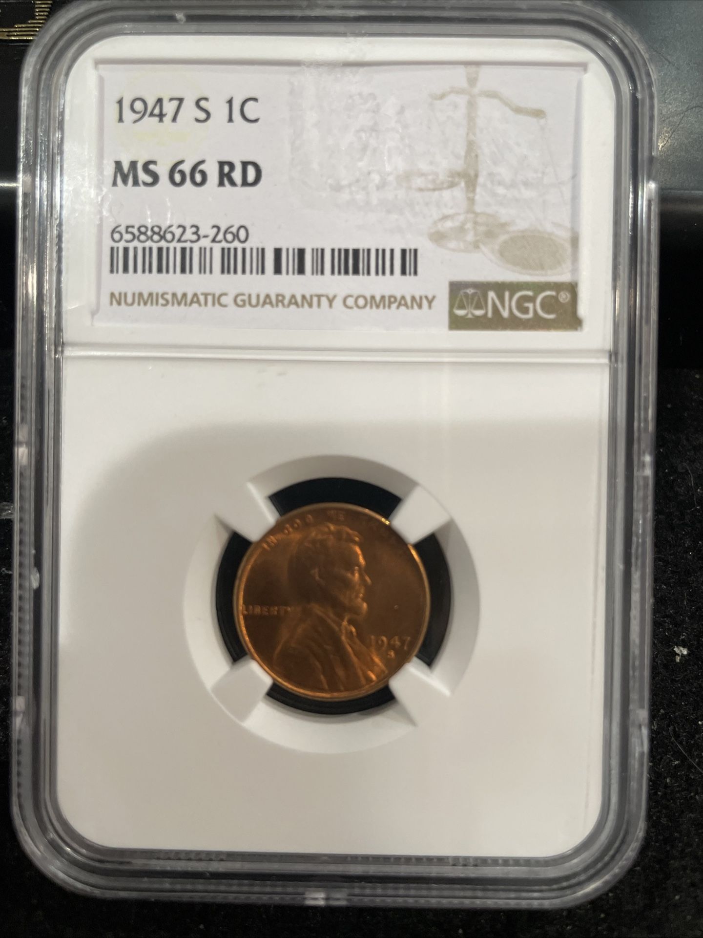 1947 S Gem Uncirculated Lincoln Penny Graded At MS66 Bright Red O-13