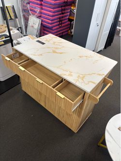 New Wooden Farmhouse Kitchen Island w/ Drop Leaf Countertop & Wheels Portable Rolling Island