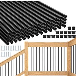 51 Pack 36" Aluminum Deck Balusters, Hollow Round Black Deck Railing Stair Porch Staircase Spindles, 3/4" Diameter Iron Balusters with Connectors & Sc