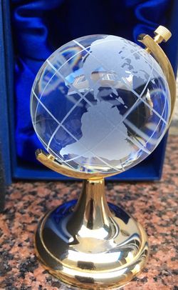 GLASS ETCHED GLOBE / ON BRASS PAPERWEIGHT