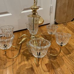 VINTAGE GOLD CRYSTAL MID CENTURY BRASS CHANDELIER LIGHT FIXTURE CEILING MODERN