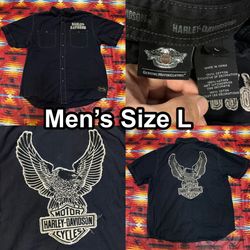 Harley-Davidson Men’s Large Black Button Up Shirt Short Sleeve Embroidered Eagle