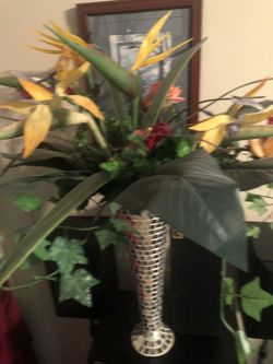 Disco ball mirrored vase with floral arrangement