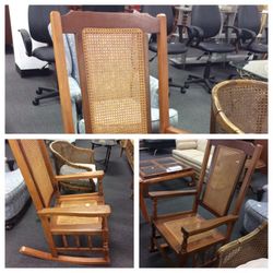 Wooden rocking chair with wicker inlay