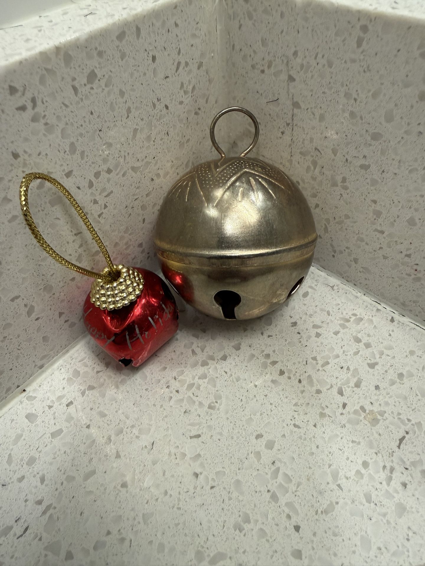 Vintage silver bell ornament and red bell 