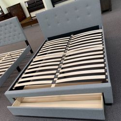 Queen Gray Bed With Two Storage Drawers 