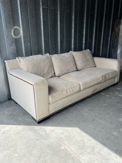 Custom Ivory Chenille Sofa | Full Bronze Nailhead Surround | Arhaus / RH Style | 3-Seat
