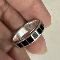 925 Sterling Silver With Black Onyx Inlay Ring , Size 8.5