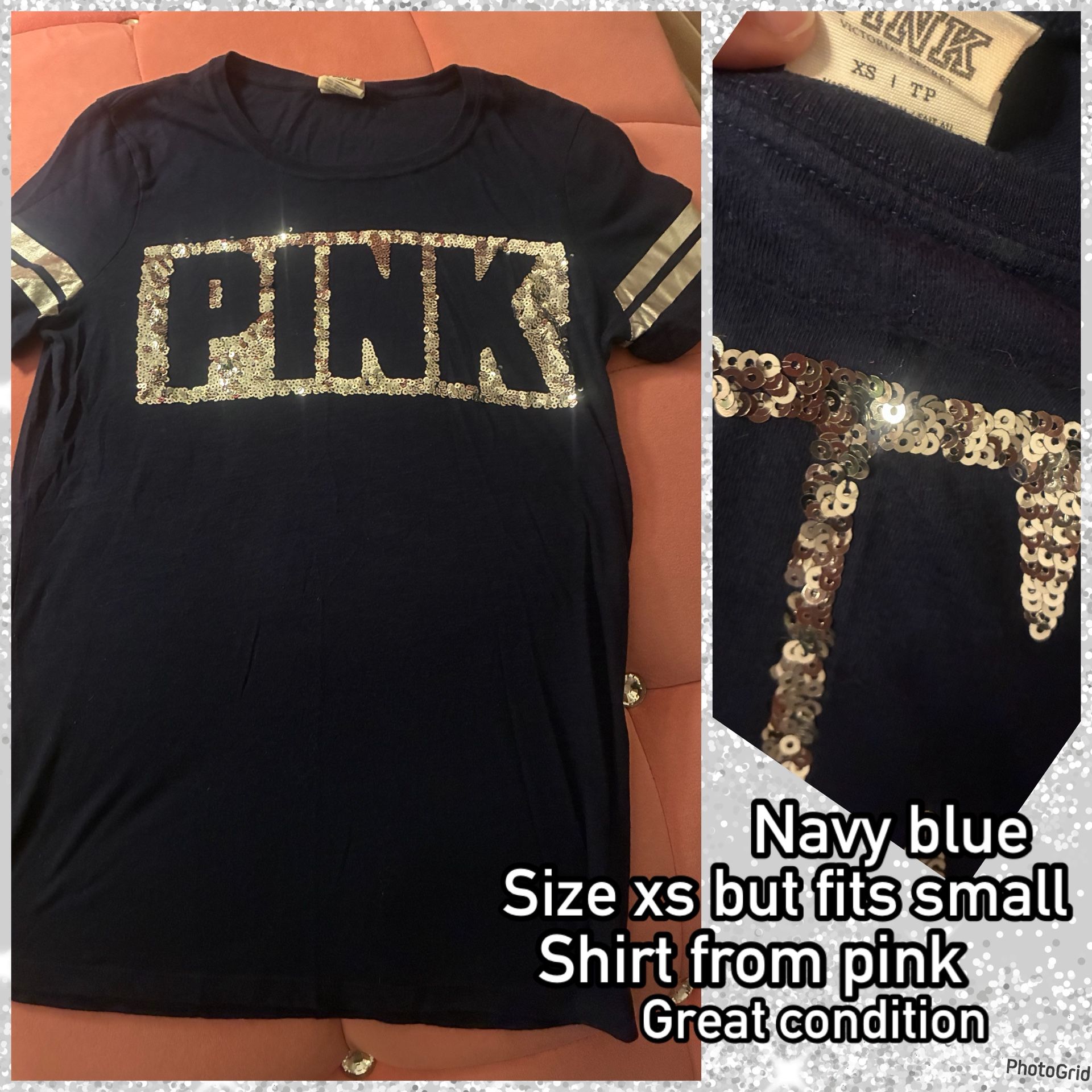 $8 Xs(fits Small)navy Blue Sparkly Pink Shirt