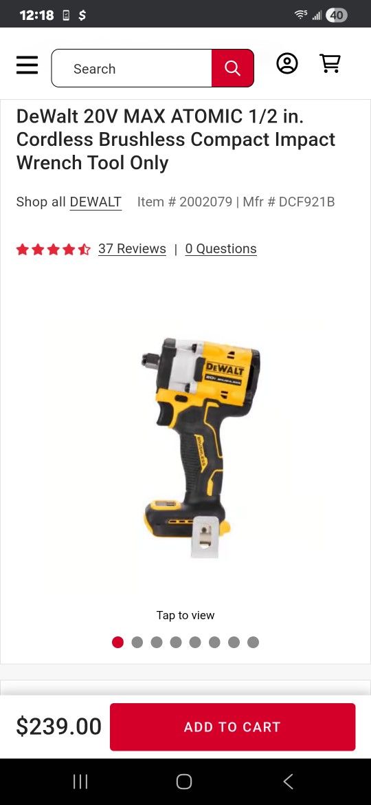 DeWalt 20v Max 1/2 In Cordless Brushless Compact Impact Wrench Tool
