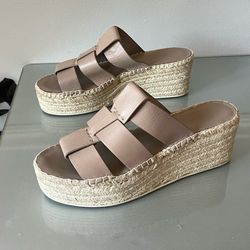 Vince Platform Slide Sandals Size 8 Beige Leather Espadrille Wedge