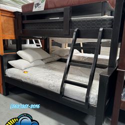 New Dark Brown Solid Wood Bunk Bed Twin/Full Double Bed With Mattresses Included 