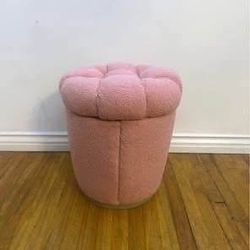 Small Round Ottoman with Storage, Sherpa Vanity Stool, 18.5", Foot Stools, Upholstered Acorn (Pink)