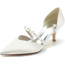Pointed Toe Pearl Satin Wedding Shoes for Bride Low Heel Bridal Shoes  Sz 9 